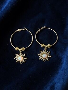 Gold Sunburst Hoop Earrings with Opal Center - Women Jewelry